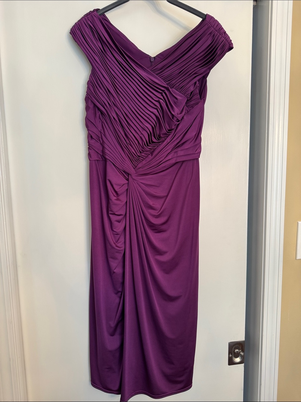 Off-Shoulder Pleated Midi Dress in Plum